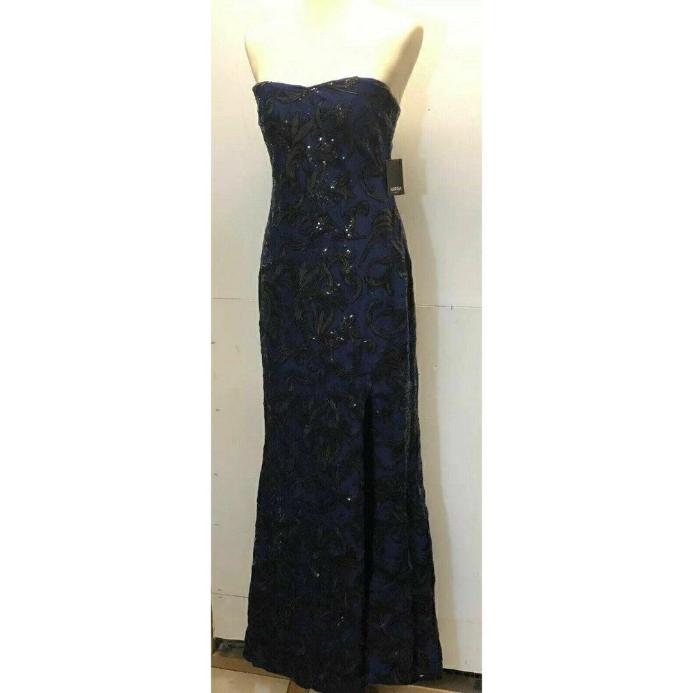 Marina Womens Blue Lace Sequin Gown Dress Size 6 - Picture 3 of 10
